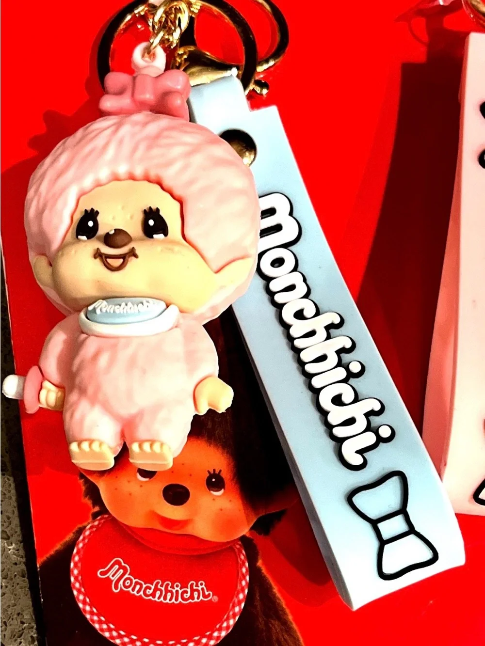 Monchhichi Pink and Light Blue Keychains with wristlets